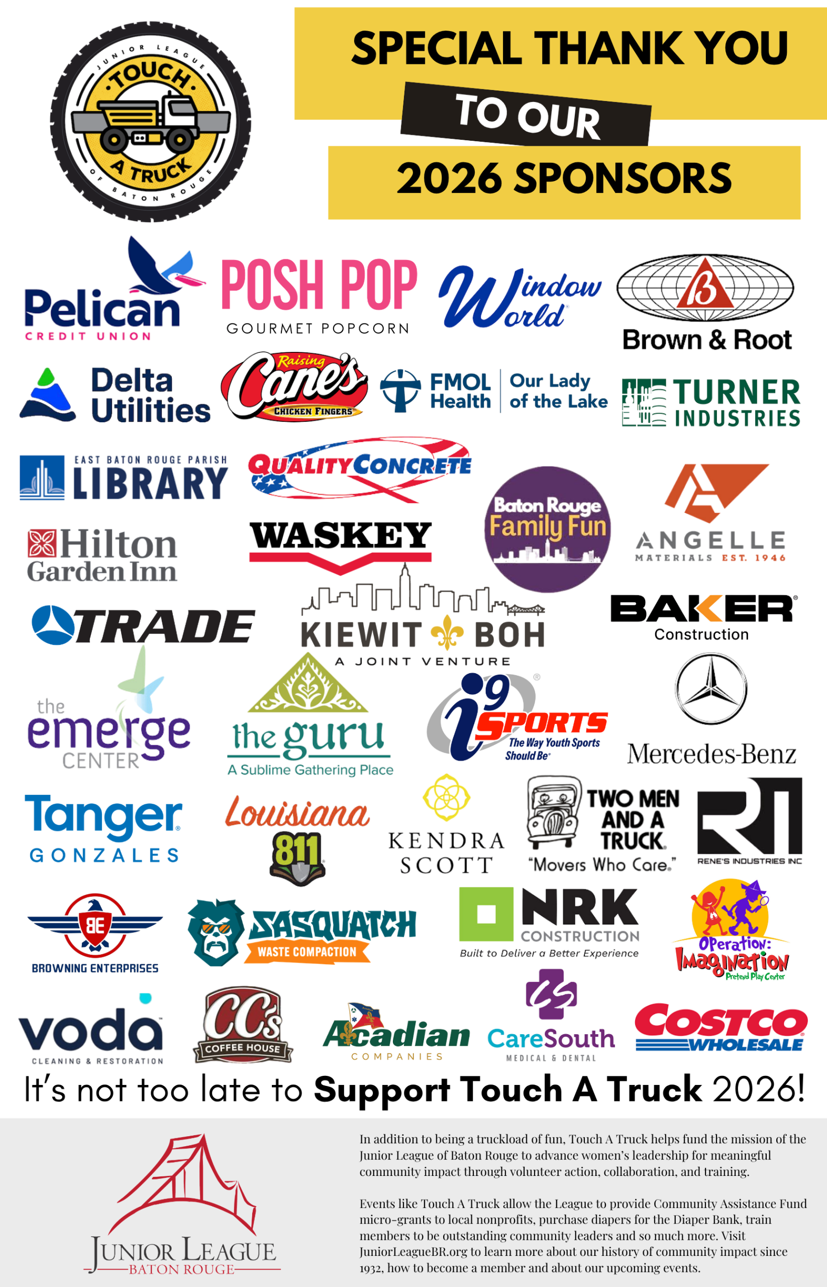 Picture of all logos of companies who are supporting the JLBR Touch a Truck event. Thank you!